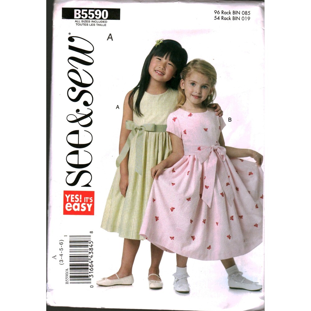 See & Sew B5590 Kids Dress Sewing Pattern Sizes 3-4 Sleeveless Short Sleeve